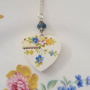Blue Yellow & White Flower Broken China Pendant Necklace